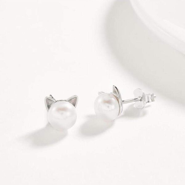 Solid 925 Sterling Silver Kitty Pearl Stud Earrings - Image 2