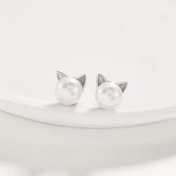 Solid 925 Sterling Silver Kitty Pearl Stud Earrings - Image 3