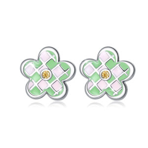 Solid 925 Sterling Silver Checked Green Flower Studs
