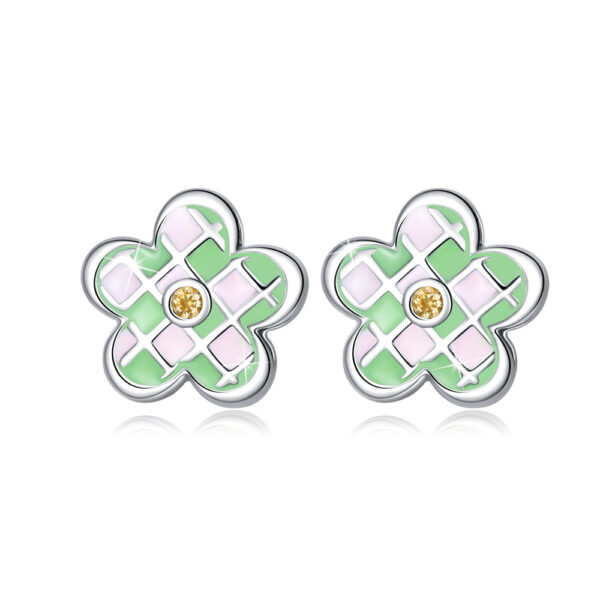 Solid 925 Sterling Silver Checked Green Flower Studs