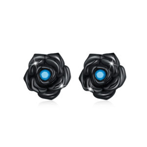 Solid 925 Sterling Silver Beaded Black Rose Stud Earrings