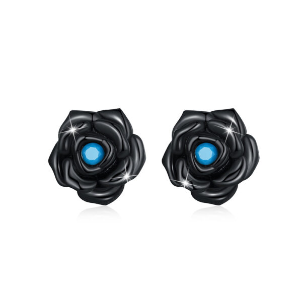 Solid 925 Sterling Silver Beaded Black Rose Stud Earrings