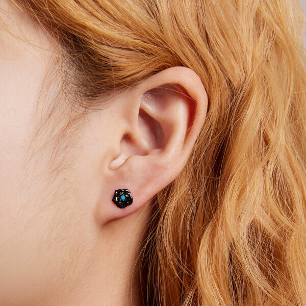 Solid 925 Sterling Silver Beaded Black Rose Stud Earrings - Image 4