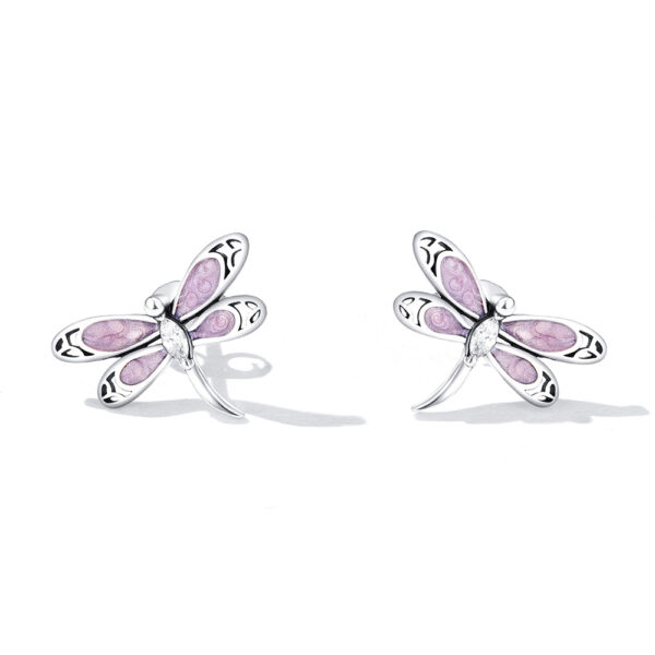 Solid 925 Sterling Silver Purple Duo Vintage Dragonfly Stud Earrings - Image 2