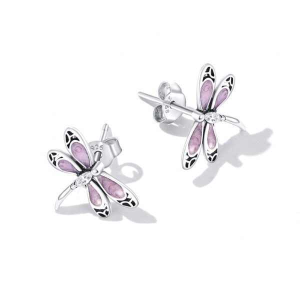 Solid 925 Sterling Silver Purple Duo Vintage Dragonfly Stud Earrings - Image 3