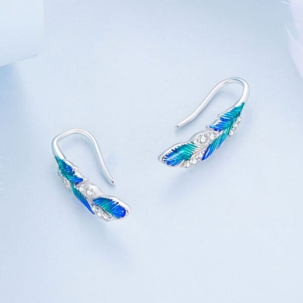 Solid 925 Signature Silver Mayura Midfield Feather Hook Earrings - Image 2