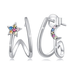 Solid 925 Signature Silver Moon Star Earrings