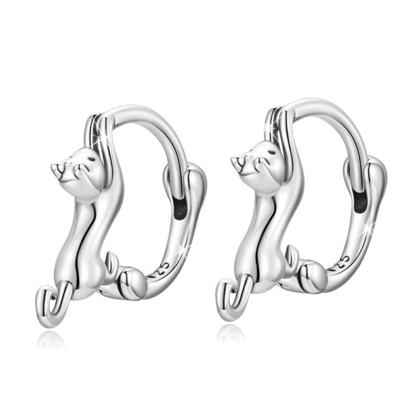 Solid 925 Signature Silver Purring Silver Cat Huggie Earrings