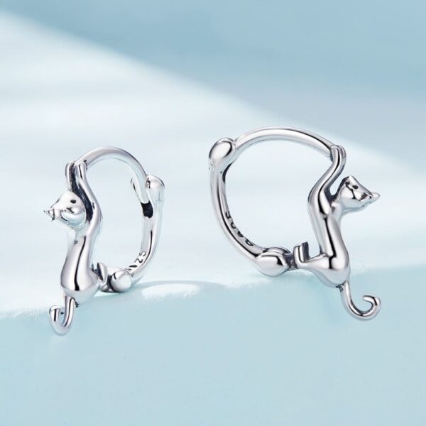 Solid 925 Signature Silver Purring Silver Cat Huggie Earrings - Image 2
