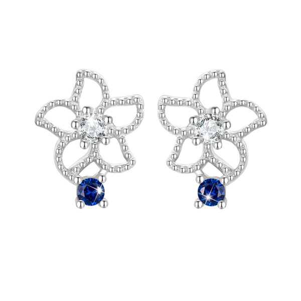 Solid 925 Signature Silver Mono Blue Flower Earrings