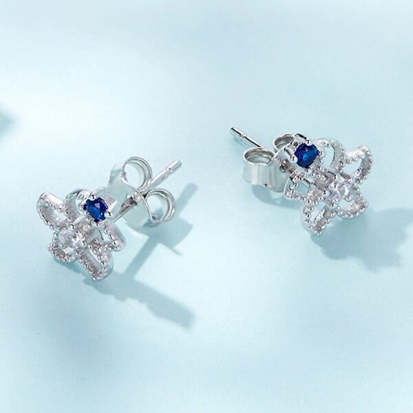 Solid 925 Signature Silver Mono Blue Flower Earrings - Image 2
