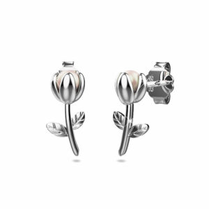 Solid 925 Signature Silver Tulip Opening Pearl Stud Earrings