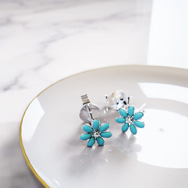 Solid 925 Signature Silver Victorian Teal Petals Stud Earrings - Image 2
