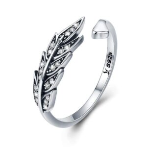 Solid 925 Sterling Silver Antiqued Angel Feather Ring