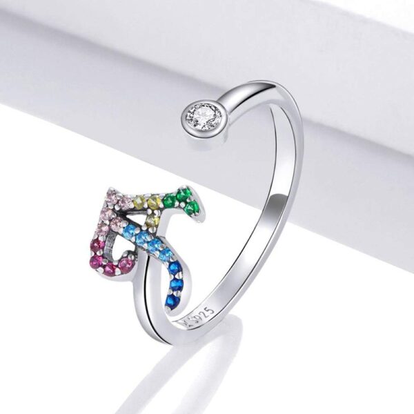 Solid 925 Sterling Silver Colourful Rainbow Alphabet Letter Adjustable Rings