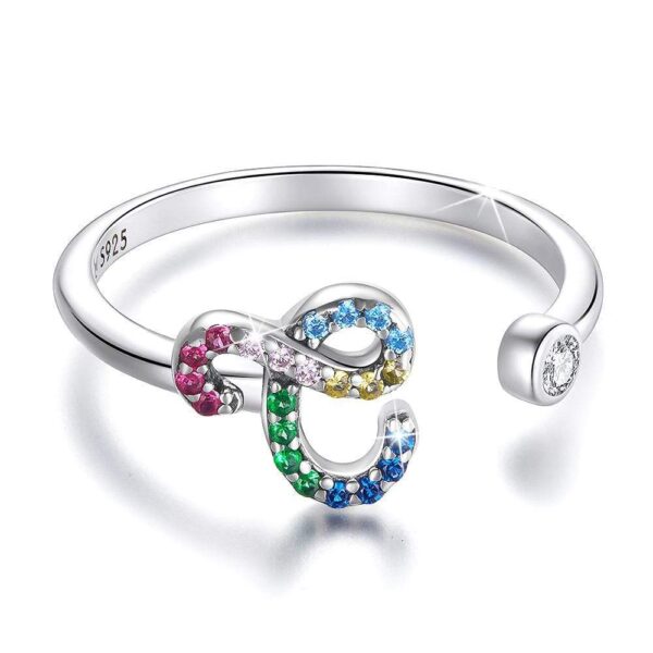 Solid 925 Sterling Silver Colourful Rainbow Alphabet Letter Adjustable Rings