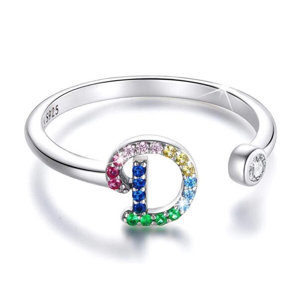 Solid 925 Sterling Silver Colourful Rainbow Alphabet Letter Adjustable Rings