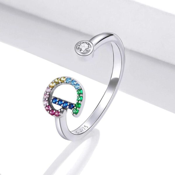 Solid 925 Sterling Silver Colourful Rainbow Alphabet Letter Adjustable Rings