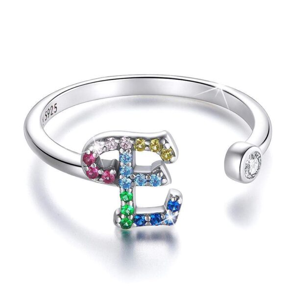 Solid 925 Sterling Silver Colourful Rainbow Alphabet Letter Adjustable Rings