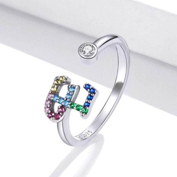Solid 925 Sterling Silver Colourful Rainbow Alphabet Letter Adjustable Rings