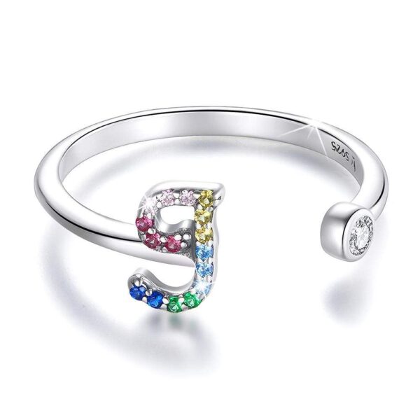 Solid 925 Sterling Silver Colourful Rainbow Alphabet Letter Adjustable Rings