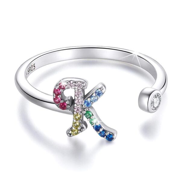 Solid 925 Sterling Silver Colourful Rainbow Alphabet Letter Adjustable Rings