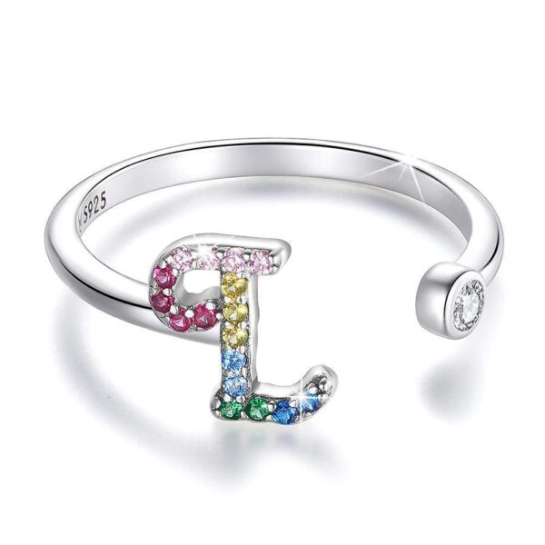 Solid 925 Sterling Silver Colourful Rainbow Alphabet Letter Adjustable Rings