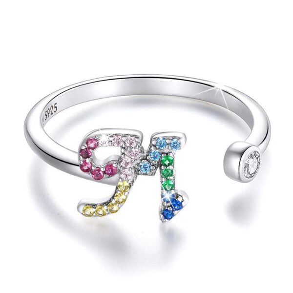 Solid 925 Sterling Silver Colourful Rainbow Alphabet Letter Adjustable Rings