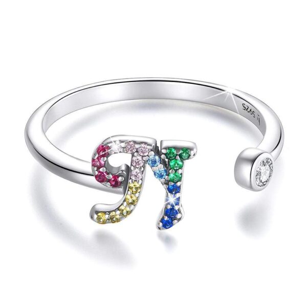Solid 925 Sterling Silver Colourful Rainbow Alphabet Letter Adjustable Rings