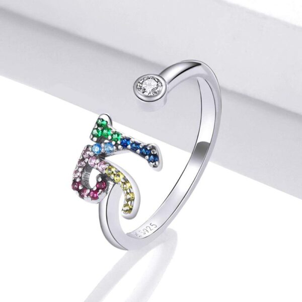 Solid 925 Sterling Silver Colourful Rainbow Alphabet Letter Adjustable Rings