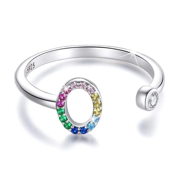 Solid 925 Sterling Silver Colourful Rainbow Alphabet Letter Adjustable Rings