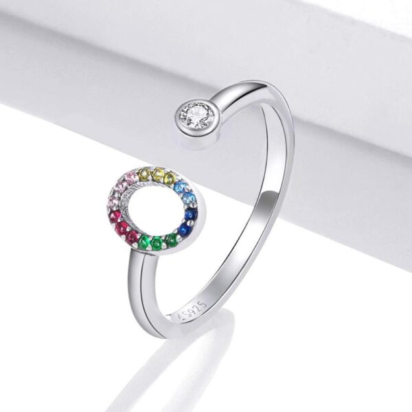 Solid 925 Sterling Silver Colourful Rainbow Alphabet Letter Adjustable Rings