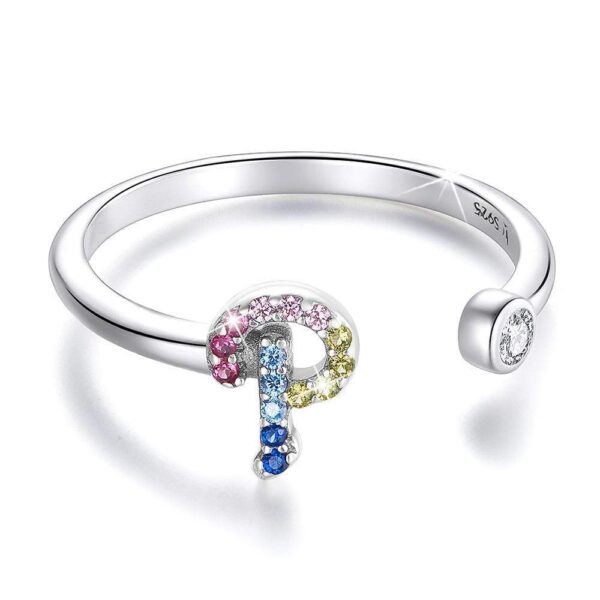 Solid 925 Sterling Silver Colourful Rainbow Alphabet Letter Adjustable Rings