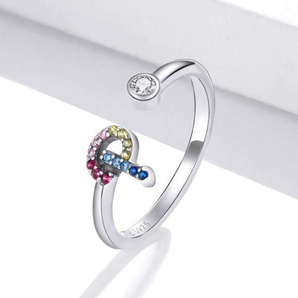 Solid 925 Sterling Silver Colourful Rainbow Alphabet Letter Adjustable Rings
