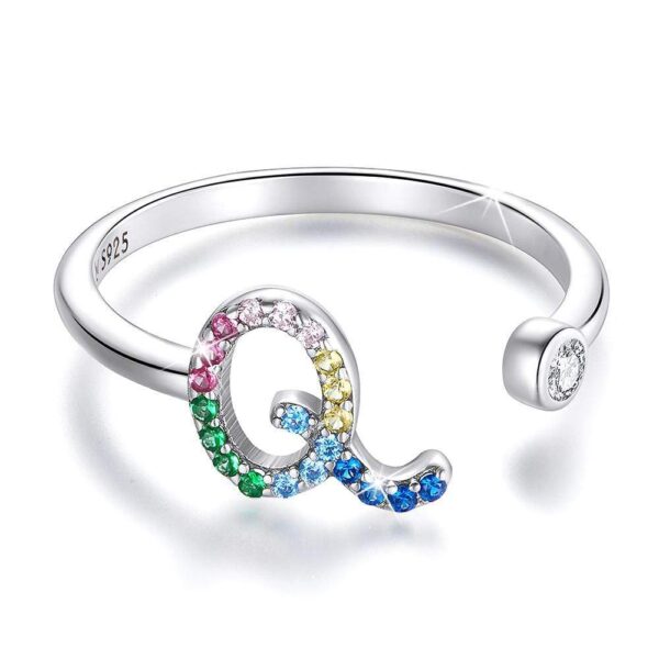 Solid 925 Sterling Silver Colourful Rainbow Alphabet Letter Adjustable Rings