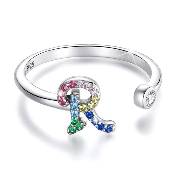 Solid 925 Sterling Silver Colourful Rainbow Alphabet Letter Adjustable Rings