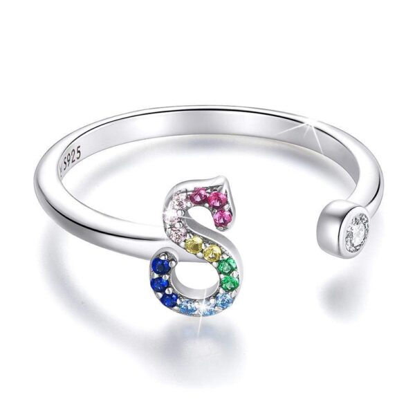 Solid 925 Sterling Silver Colourful Rainbow Alphabet Letter Adjustable Rings