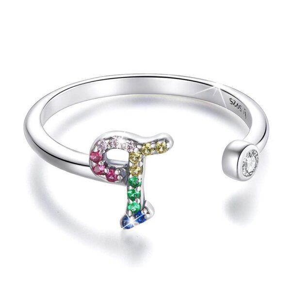 Solid 925 Sterling Silver Colourful Rainbow Alphabet Letter Adjustable Rings