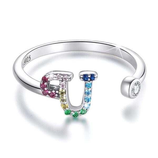 Solid 925 Sterling Silver Colourful Rainbow Alphabet Letter Adjustable Rings