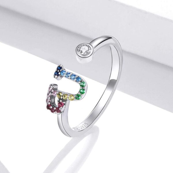 Solid 925 Sterling Silver Colourful Rainbow Alphabet Letter Adjustable Rings