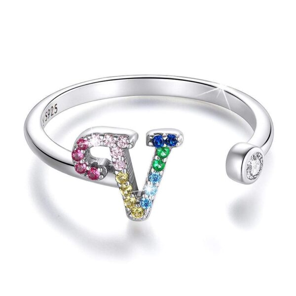 Solid 925 Sterling Silver Colourful Rainbow Alphabet Letter Adjustable Rings