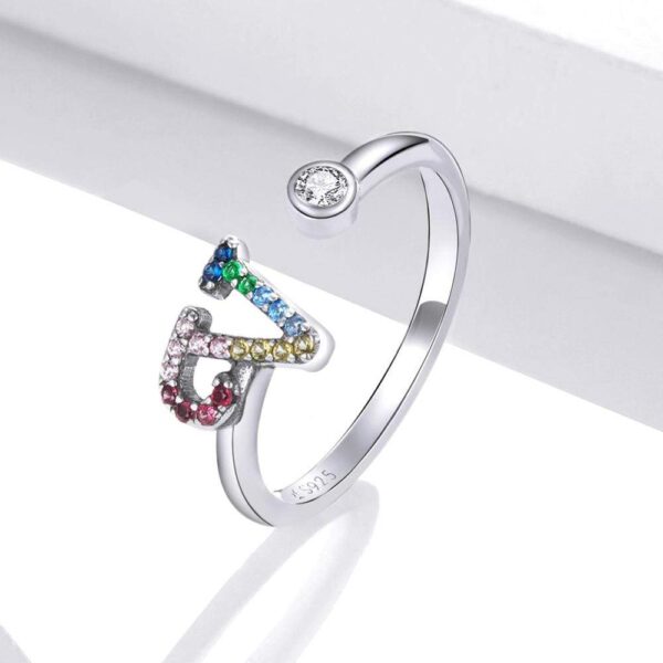 Solid 925 Sterling Silver Colourful Rainbow Alphabet Letter Adjustable Rings