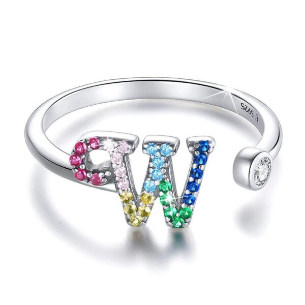 Solid 925 Sterling Silver Colourful Rainbow Alphabet Letter Adjustable Rings
