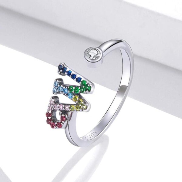 Solid 925 Sterling Silver Colourful Rainbow Alphabet Letter Adjustable Rings