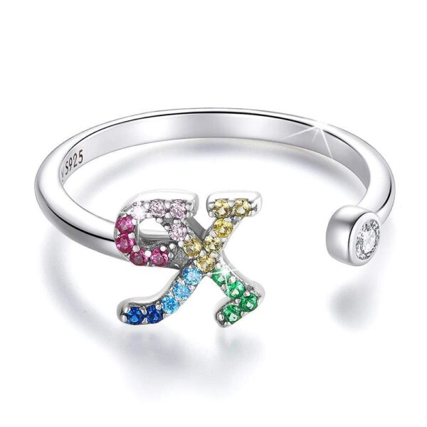 Solid 925 Sterling Silver Colourful Rainbow Alphabet Letter Adjustable Rings