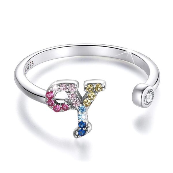 Solid 925 Sterling Silver Colourful Rainbow Alphabet Letter Adjustable Rings