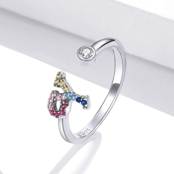 Solid 925 Sterling Silver Colourful Rainbow Alphabet Letter Adjustable Rings