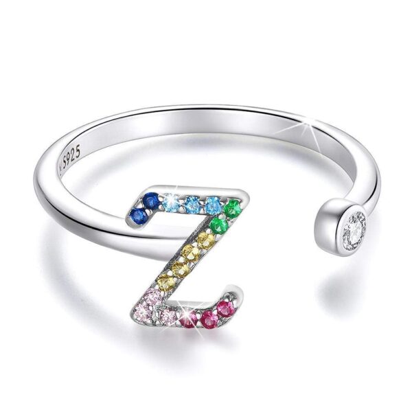 Solid 925 Sterling Silver Colourful Rainbow Alphabet Letter Adjustable Rings