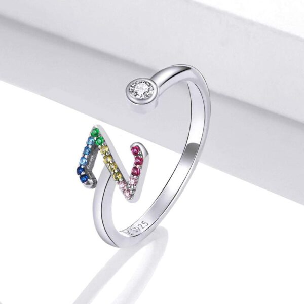 Solid 925 Sterling Silver Colourful Rainbow Alphabet Letter Adjustable Rings