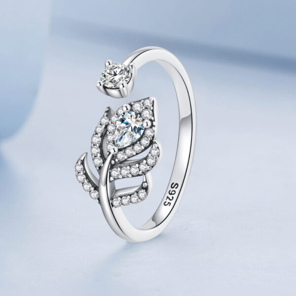 Solid 925 Signature Silver Crystal Feather Open Cut Ring - Image 2